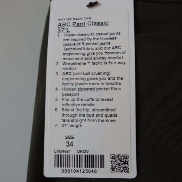 Lululemon Warpstreme ABC Pant Classic 37"L inseam Tall Size 34 Dark Olive - Picture 5 of 12